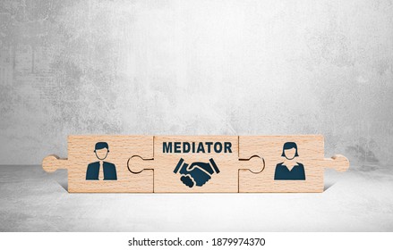 Wooden Puzzle With Icons Of A Man, Mediator And Woman. The Concept Of The Role Of A Mediator In Saving The Family, Mediation.