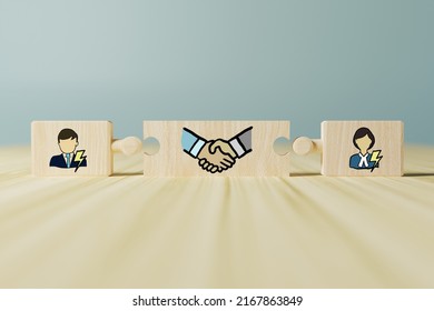 Wooden Puzzle With Icons Of Man And Woman And Mediation. Court Case, Divorce, Mediation Concept. Reconciliation In Court, Reaching An Agreement. Help For A Married Couple.