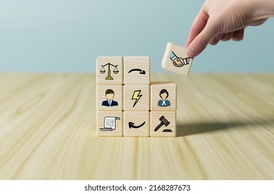 Wooden Puzzle With Icons Of Man And Woman And Mediation. Court Case, Divorce, Mediation Concept. Reconciliation In Court, Reaching An Agreement. Help For A Married Couple.