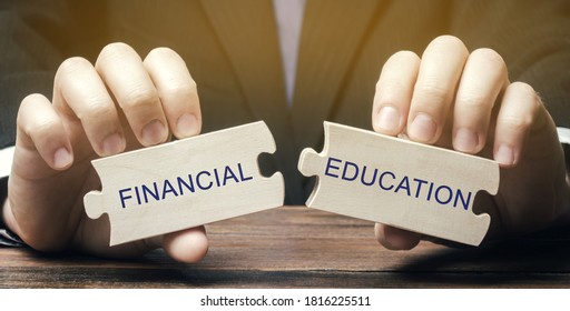 Wooden puzzles with the words Financial education. Learn investing and money management. Business and finance concept. Development and self-development. Solving financial decisions. Financial literacy