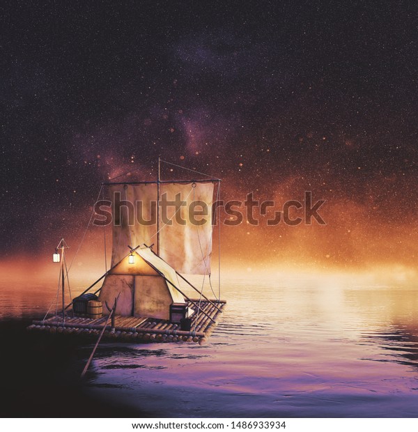Wooden\
raft with a sail at colorful night sky, stars.\
