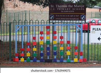 Wooden Rainbow Blocks On A School Gate In Support Of The NHS. Up Holland, West Lancashire, UK, 26-06-2020