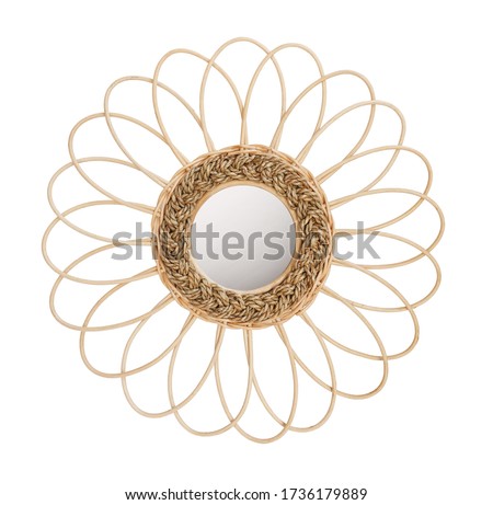 wooden rattan bamboo frame mirror eye isolated on white background.
