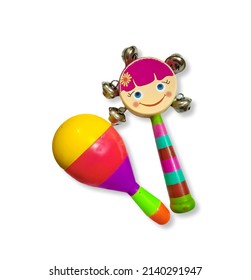 Wooden Rattle And Plastic Rattle Toys For New Born Baby. Musical Infant Toy Isolated On White Background With Copy Space, Selectivel Focus On Subject