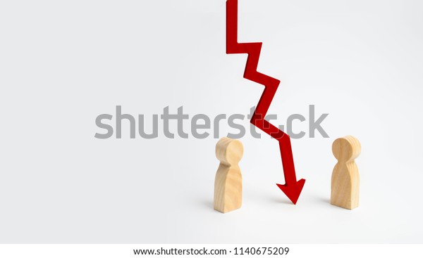 A wooden red chart arrow down divides the\
two people discussing the case. Termination and breakdown of\
relations, breaking ties. Contract break, conflict of interests.\
Negotiations of businessmen.