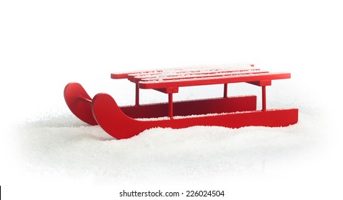 Wooden Red Sled Isolated On White Background