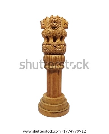 Wooden replica of Ashoka Stambha , Ashoka Pillar on white background, Indian national emblem.