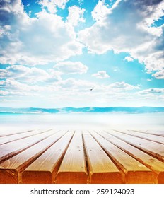 Wooden Retro Deck And Blue Sky And Sea/ Summer Holidays Background