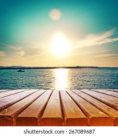 Wooden Retro Deck And Blue Sky And Sea/ Summer Holidays Background