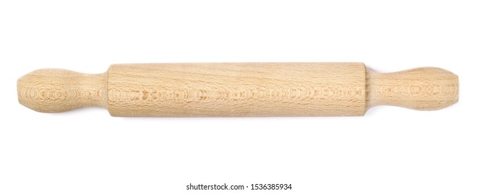 Wooden Rolling Pin For Dough Isolated On White Background, Top View