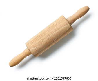 wooden rolling pin isolated on white background, top view