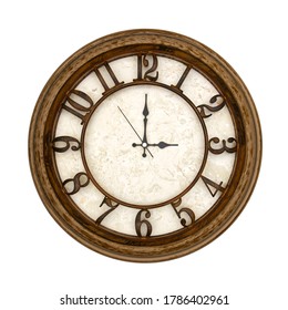 Wooden Round Analog Wall Clock Isolated On White Background, Its Three Oclock.