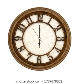 Wooden Round Analog Wall Clock Isolated On White Background, Its Six Oclock.