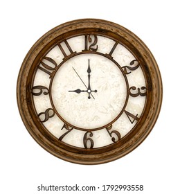 Wooden Round Analog Wall Clock Isolated On White Background, Its Nine Oclock.