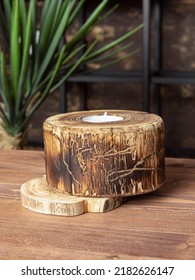 Wooden Round Candle Holder. Natural Wood Texture