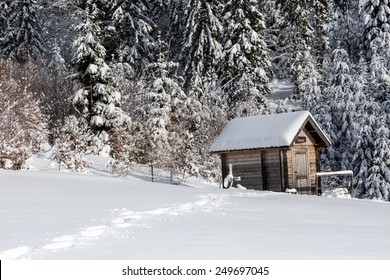 Wooden Sauna In The Winter Forest