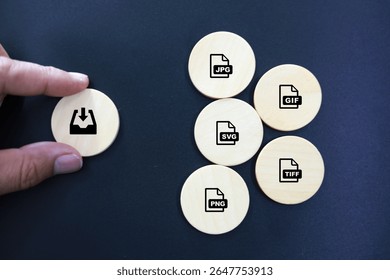 wooden with save file icon or download file format JPEG, ZIP, HTM, RAR, PDF And DOC file. files are saved into folders. Concept document management system or DMS. Highest Quality Image Format