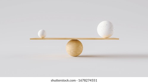 Wooden Scale Balancing One Big Ball And One Small Ball. Concept Of Harmony And Balance