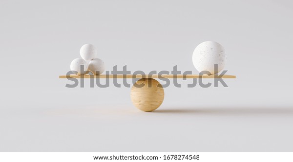 wooden scale balancing one big ball\
and four small ones. Concept of harmony and\
balance