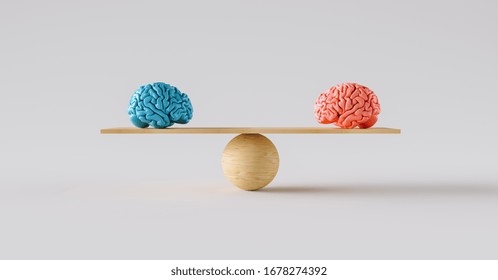 wooden scale balancing one woman brain and one man brain.