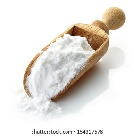 Wooden Scoop With Potato Starch Isolated On White