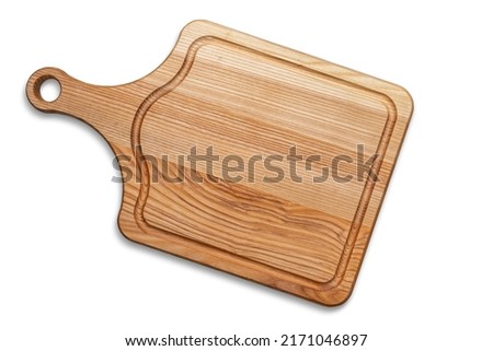 Wooden serving board, charcuterie board top view mock up for design. Copy space on wood cutting board.