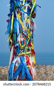 Wooden Shaman Totem Tied Ribbons Round, Baikal Lake, Olkhon Island 