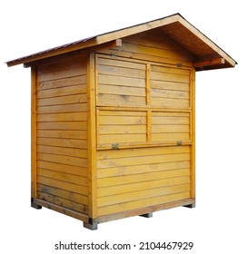 Wooden shed stall market stand or log cabin house isolated on white background. Object made of wood for selling stock