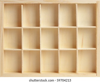 Wooden shelf with empty racks. Vintage cabinet like box.