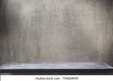 Wooden Shelf And Grey Wall Background Texture