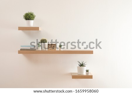 Wooden shelves with beautiful plants and calendar on light wall