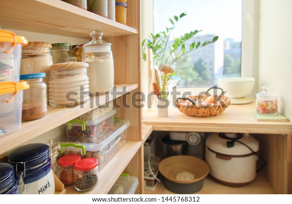 Wooden Shelves Food Utensils Kitchen Appliances Stock Photo Edit