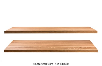 Wooden shelves isolated on white background
