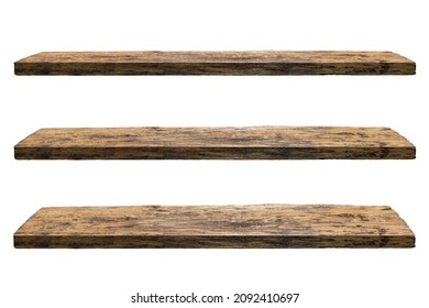 Wooden shelves isolated on white. Rustic rough wooden plank with nature color, cracks and woodgrain. Old knotted long board of weathered wood - Powered by Shutterstock