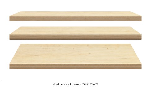 Wooden shelves made of plywood isolated on white background