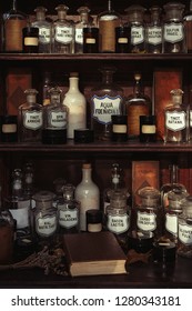Wooden shelves with old bottles in an old retro apothecary shop