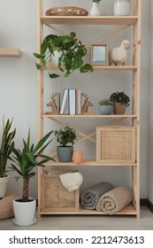 Wooden shelving unit with home decor and beautiful houseplants in room - Shutterstock ID 2212473613