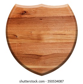 Wooden Shield Isolated On White. Natural Oak Wood. Retro