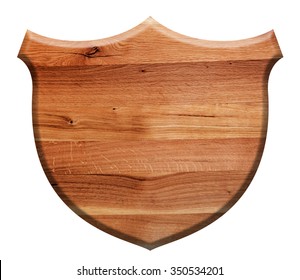 Wooden Shield Isolated On White. Natural Oak Wood. Retro