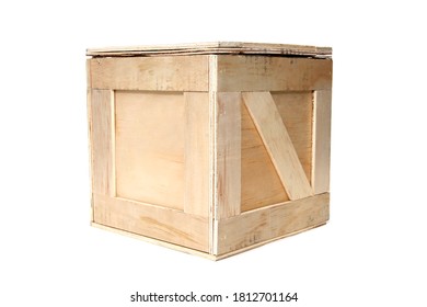 Wooden Shipping Crate. Wooden Box Used To Ship Goods And Products World Wide. Isolated On White. Room For Text. 