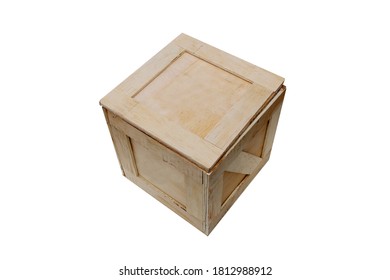 Wooden Shipping Crate. Wooden Box Used To Ship Goods And Products World Wide. Isolated On White. Room For Text. 