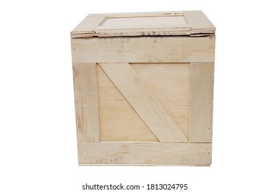 Wooden Shipping Crate. Wooden Box Used To Ship Goods And Products World Wide. Isolated On White. Room For Text. 