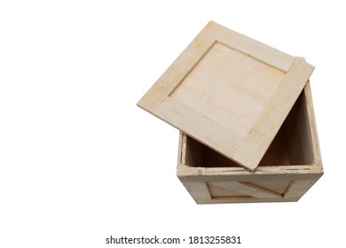 Wooden Shipping Crate. Empty Wooden Box Used To Ship Goods And Products World Wide. Isolated On White. Room For Text. 
