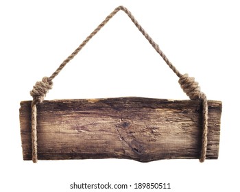 Wooden sign hanging on a rope on white background 