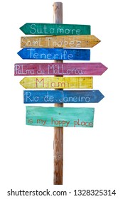 Wooden sign pointers with a space for happy place text. On white background with clipping path.