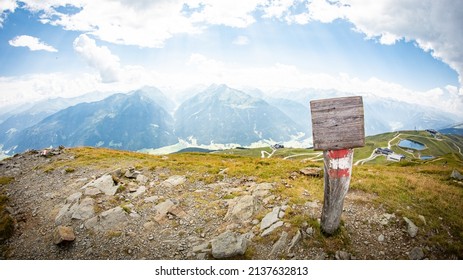 Wooden Sign Pole Panoramic Scenery With Clouds Sunny Day Viewpoint Alps