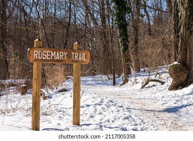 The Wooden Sign For Rosemary Trail In Frick Park, A City Park In Pittsburgh, Pennsylvania, USA On A Sunny Winter Day