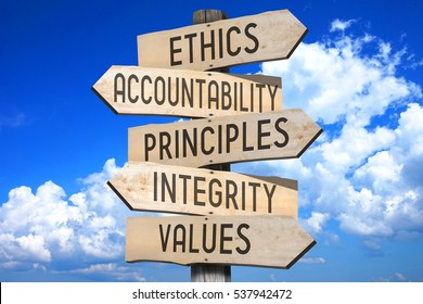 Wooden signpost - code of ethics concept (ethics, accountability, principles, integrity, values).