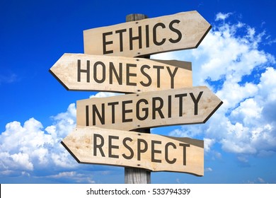 Wooden Signpost With Four Arrows - Ethics, Honesty, Integrity, Respect.