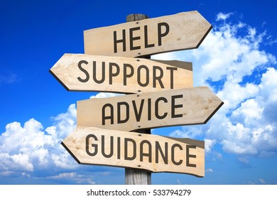 Wooden Signpost With Four Arrows - Help, Support, Advice, Guidance, 